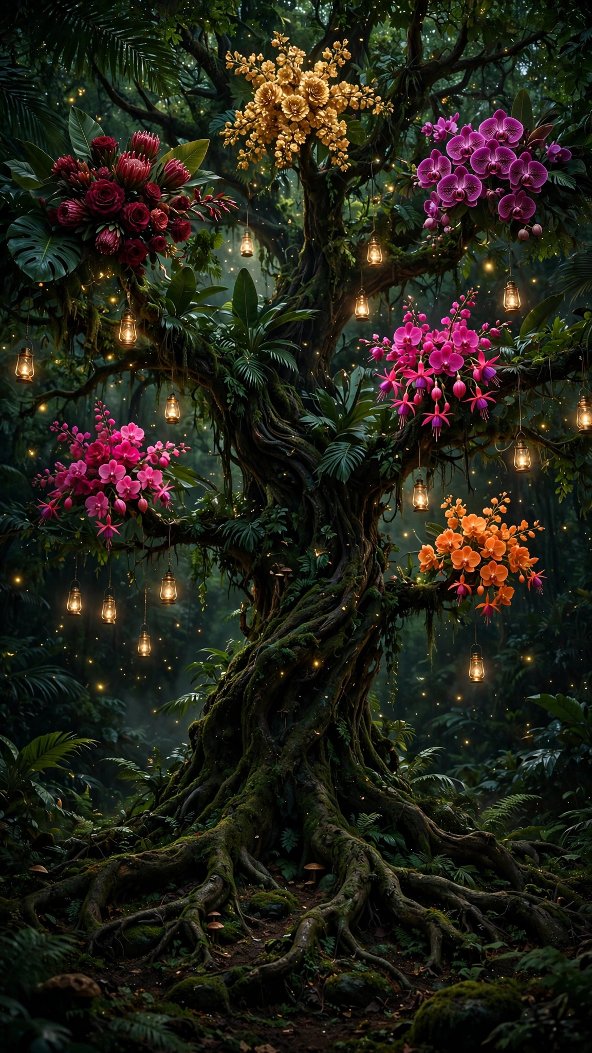 A great exotic tree in the Garden, roots deep in the earth and its canopy full of glowing blossoms