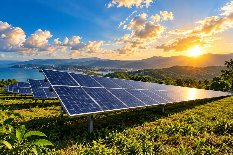 Solar panels generating clean energy at golden hour